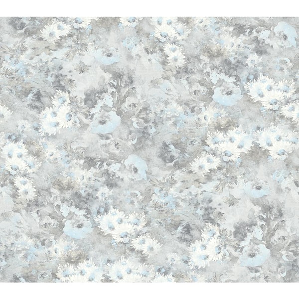 Seabrook Designs Daisy Watercolor Metallic Silver and Sky Blue Paper Strippable Roll (Covers 60.75 sq. ft.)