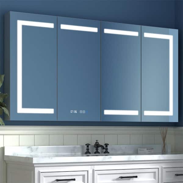 JimsMaison 60 in. W x 32 in. H Rectangular Aluminum Medicine Cabinet with Mirror and Outlet and Light