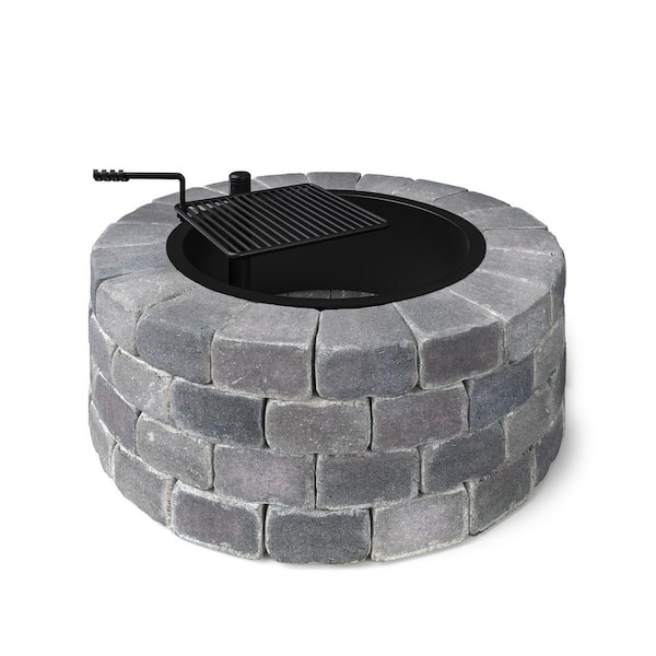 Grand 4-Course 48 in. W x 16 in. H Round Concrete Wood Burning Fire Pit Kit with Cooking Grate in Bluestone