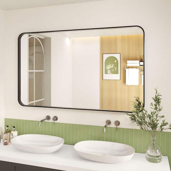 60 in. W x 40 in. H Rectangular Aluminum Framed Wall Bathroom Vanity Wall Mount Mirror in Black