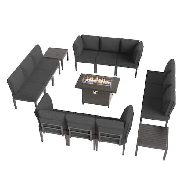 Halmuz 15-Piece Metal Patio Conversation Set with 55000 BTU Gas Fire Pit Table and Glass Coffee Table and Black Cushions
