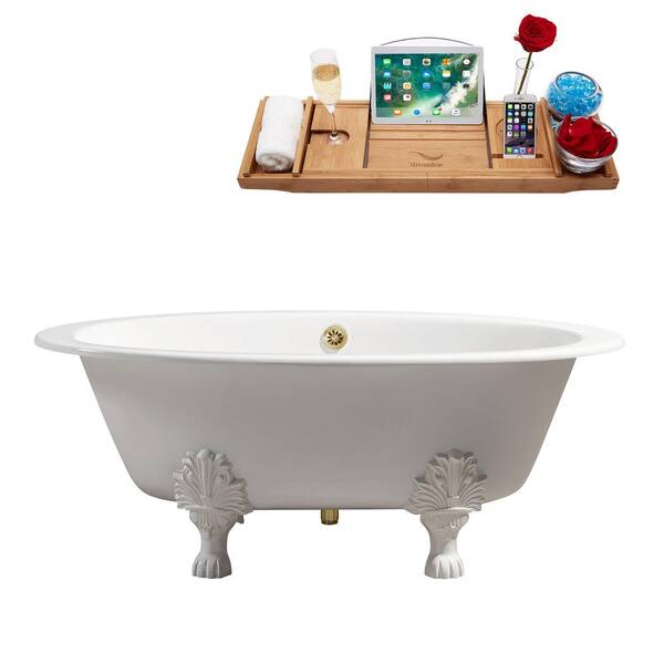 Streamline 65 in. Cast Iron Clawfoot Non-Whirlpool Bathtub in Glossy White with Polished Gold Drain And Glossy White Clawfeet