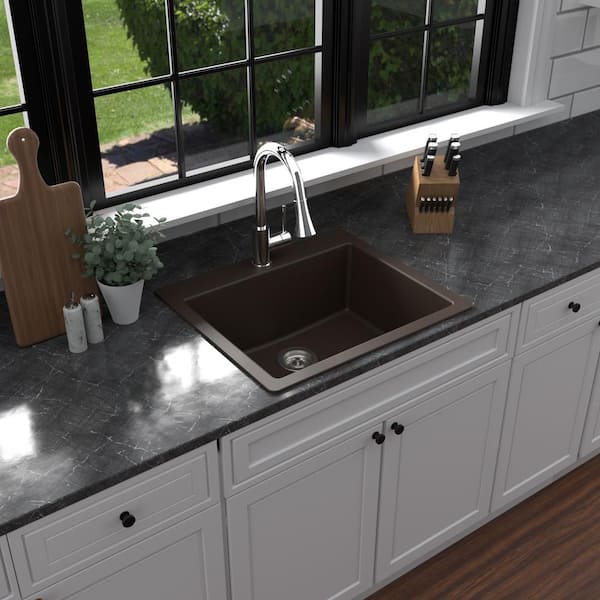 QT-820 Quartz/Granite 25 in. Single Bowl Drop-In Kitchen Sink in Brown