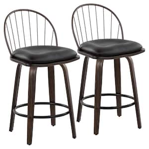 Riley 36.25 in. Glazed Walnut Wood & Brown PU High Back Counter Height Bar Stool Round Black Footrest (Set of 2)