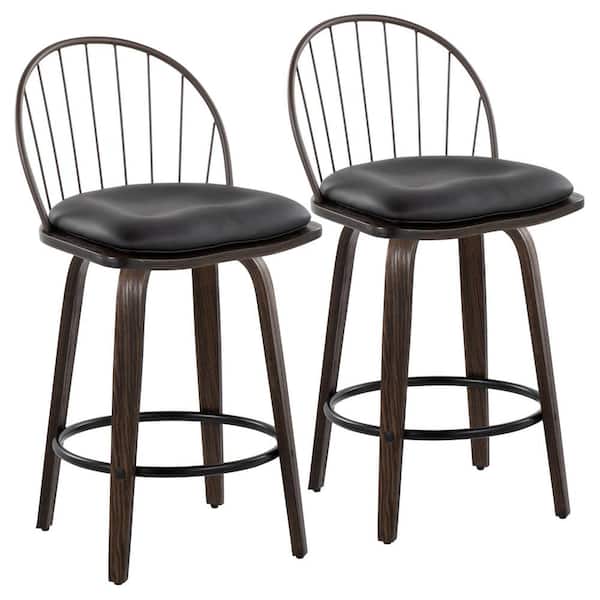 Lumisource Riley 36.25 in. Glazed Walnut Wood & Brown PU High Back Counter Height Bar Stool Round Black Footrest (Set of 2)