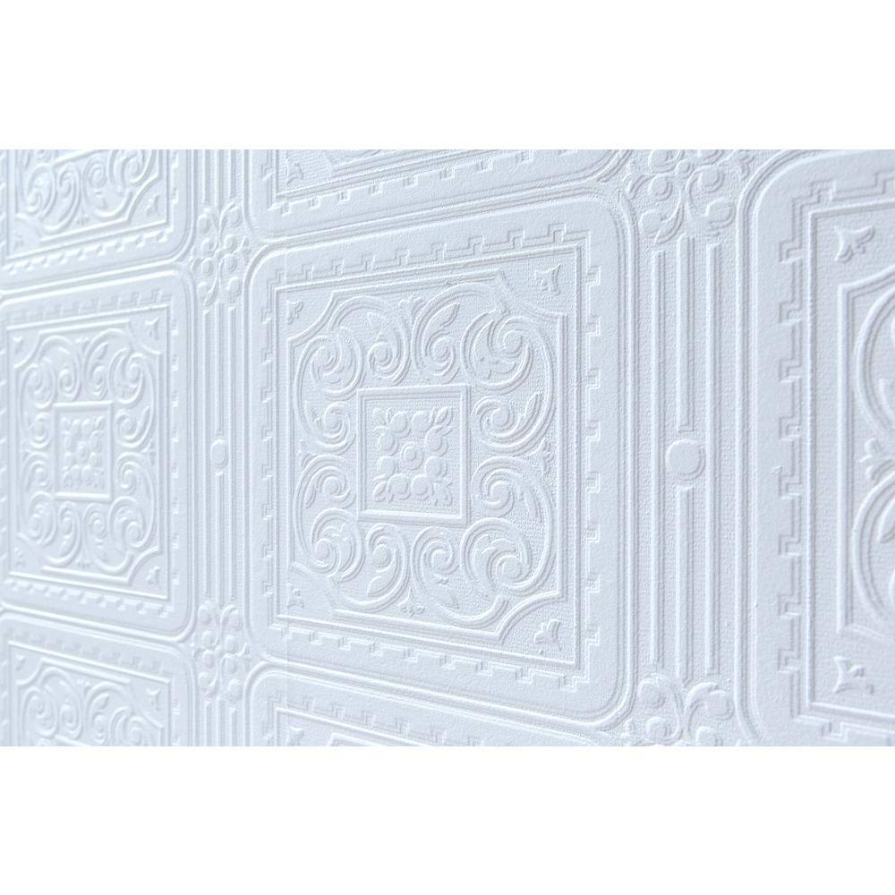 White Embossed Paintable Vinyl Tile Wallpaper, Per Bolt
