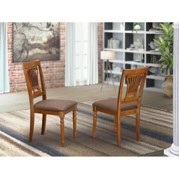 East West Furniture Saddle Brown Linen Fabric Upholstered Wood Chairs With Cushion, Set of 2