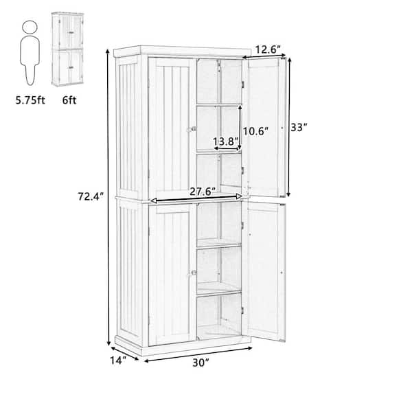 30 in. W x 14 in. D x 72.4 in. H Gray MDF Ready to Assemble Kitchen Cabinet with 4-Doors and Adjustable Shelves