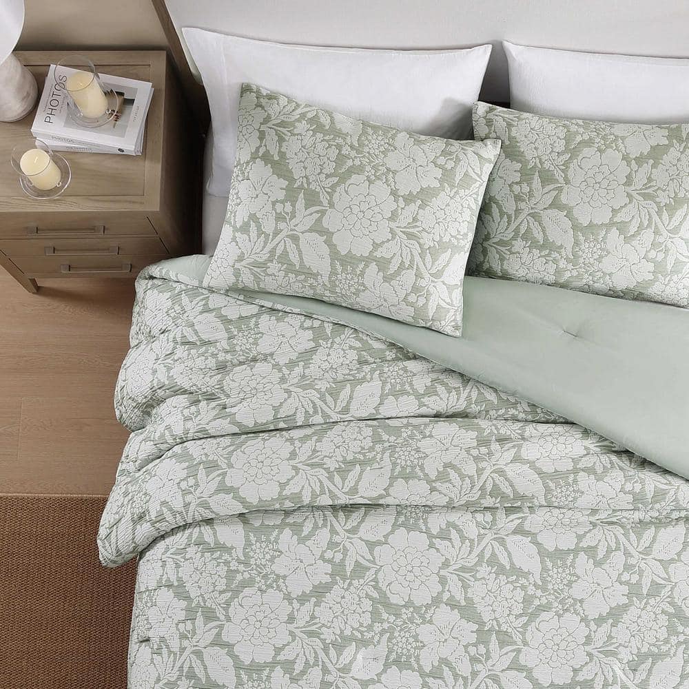 Sage Green Floral Reversible Full Bedding Set with Matelasse Weave