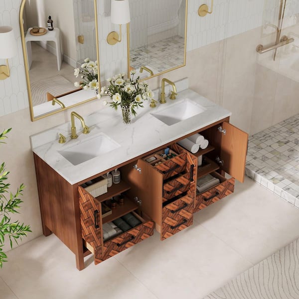 60 in. W x 22 in. D x 34 in. H Freestanding Caramel Woven Brown Bath Vanity with White Engineered Stone Top, Eco Wood