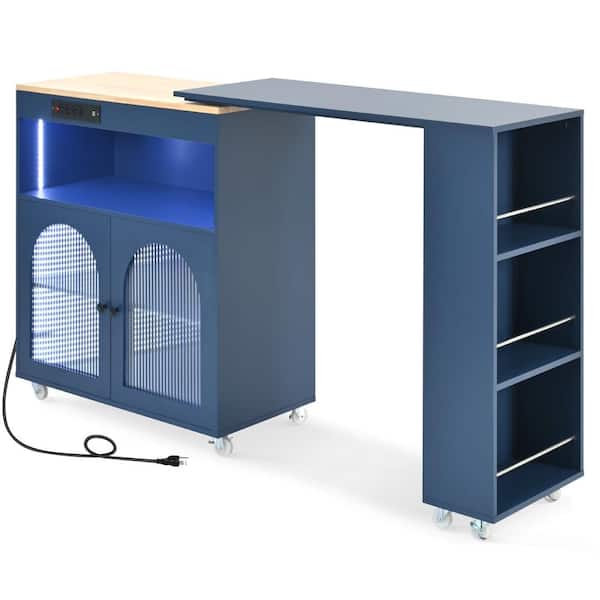 OLUMAT Navy-Blue Wood 56.3 in. Kitchen Island with Recessed Glass Doors and LED Lights