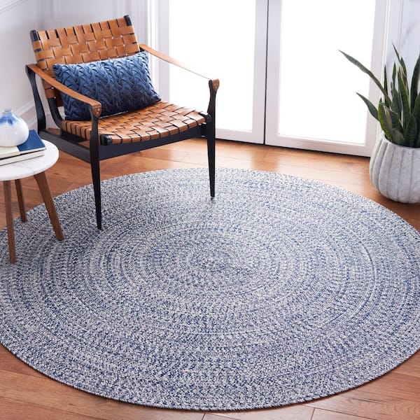Braided Dark Blue/Ivory 3 ft. x 3 ft. Machine Washable Concentric Woven Round Area Rug