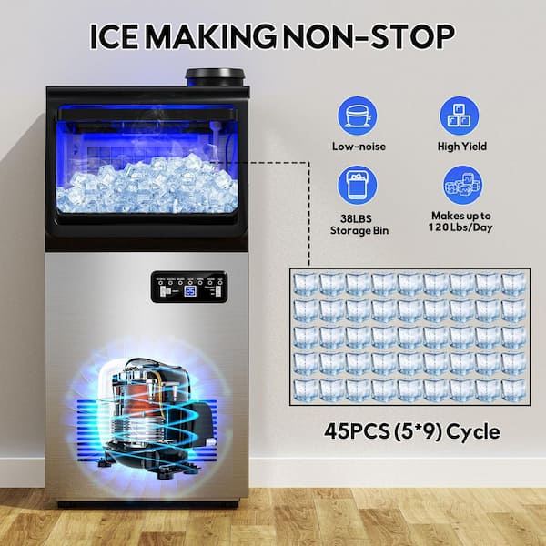 14 in. 120 lbs. Full Size Ice Cube Per Day Freestanding Ice Maker Bottled or Tap Water Sources with Filter in Silver