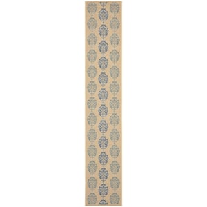 Courtyard Natural/Blue 2 ft. x 12 ft. Floral Indoor/Outdoor Patio  Runner Rug