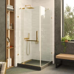 28 in. W x 28 in. H x 74 in. H Frameless Shower Enclosure Hinged Tempered Glass in Satin Brass