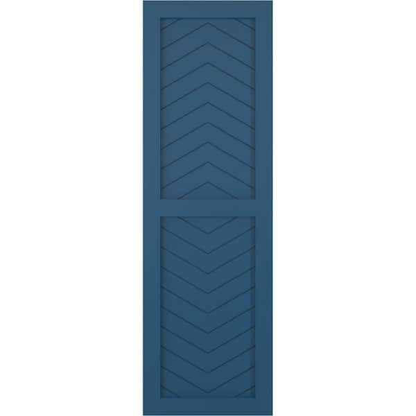 Ekena Millwork 18 in. x 64 in. Flat Panel True Fit PVC Two Panel Chevron Modern Style Fixed Mount Shutters Pair in Sojourn Blue