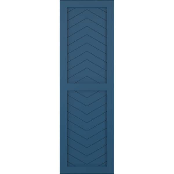 Ekena Millwork 18 in. x 66 in. PVC True Fit Two Panel Chevron Modern Style Fixed Mount Flat Panel Shutters Pair in Sojourn Blue