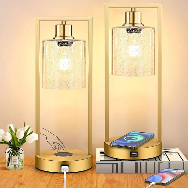 16 in, Wireless and Charging Industrial Dimmable Table Lamp Set of 2, Gold