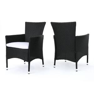 Black Wicker Outdoor Lounge Chair with White Cushions (2-Piece)