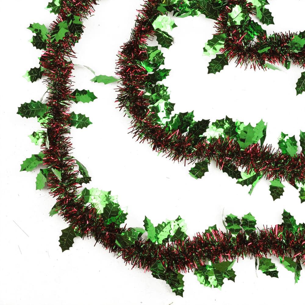 50' Red and Green Tinsel Christmas Garland with Holly