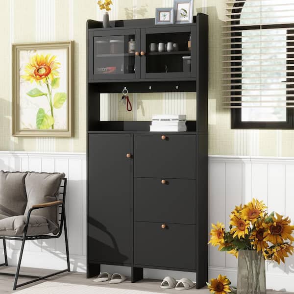 Unbranded Modern 39.2 in. W x 7 in. D x 82 in. H Black Particle Board Linen Cabinet Shoe Cabinet, Hall Tree with 3 Flip Drawers