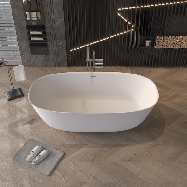 Moray 71 in. x 35 in. Solid Surface Stone Resin Flatbottom Freestanding Bathtub Soaking Bathtub in Matte White