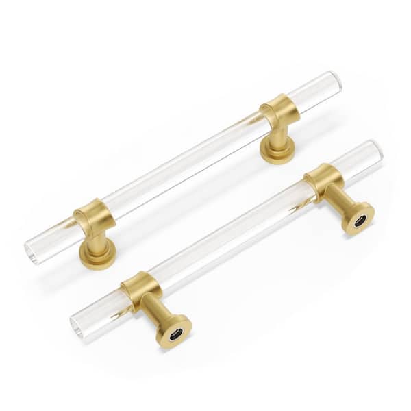 10-Pack 4 in. Hole Center Gold Brushed Brass Cabinet Pulls, Acrylic Drawer Handles with Zinc Alloy Base