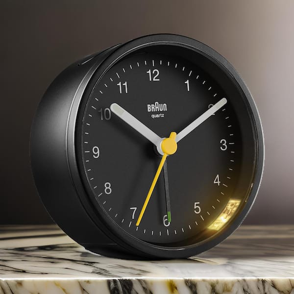 Braun Timeless Black Analogue Alarm Clock with Snooze, Light and