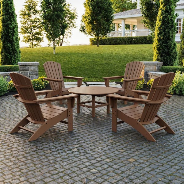 POLYWOOD Grant Park Teak 5-Piece Plastic Traditional Curveback Adirondack Patio Conversation Set