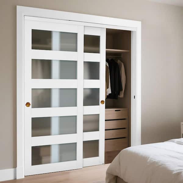 Sliding Closet Door, 31 in. x 78.19 in. 5-Lite Glass Sliding Door, Hardware Kit and Floor Guide, Solid Wood, 2025 Update