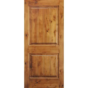 36 in. x 80 in. Knotty Alder 2 Panel Square Top V-Groove Solid Wood Right-Hand Single Prehung Interior Door