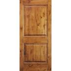 36 in. x 96 in. Knotty Alder 2 Panel Square Top V-Groove Solid Wood Left-Hand Single Prehung Interior Door