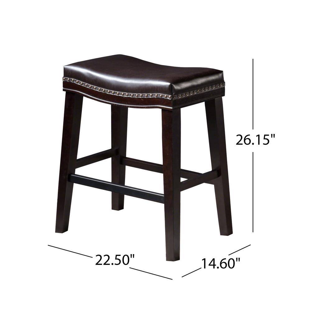 Brown Wood Saddle Counter Stools with Dark Brown Upholstered Seat, Set of 2