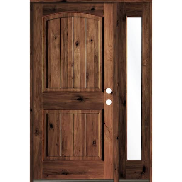 Krosswood Doors 46 in. x 80 in. Rustic Knotty Alder Left-Hand/Inswing Clear Glass Red Mahogany Stain Wood Prehung Front Door with RFSL