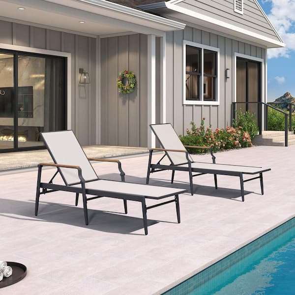PURPLE LEAF Outdoor Lounge Chaise Patio Pool Lounger Aluminum Chairs with Wooden Armrest for Outside Backyard, Beige