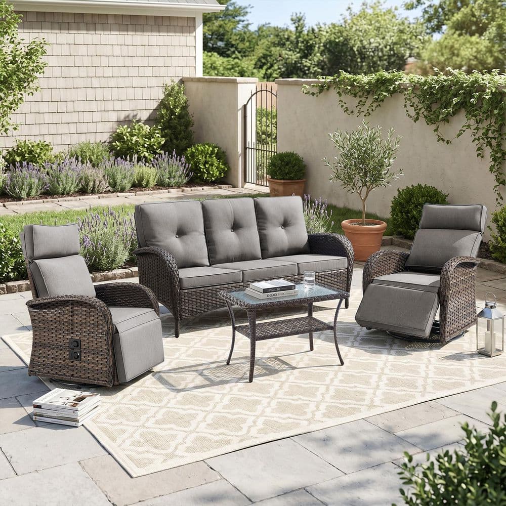 Carlos 4-Piece Wicker Patio Conversation Set with Swivel Recliner Chair, Outdoor Sofa Furniture Sets with Gray Cushions price history on PriceWatchPro