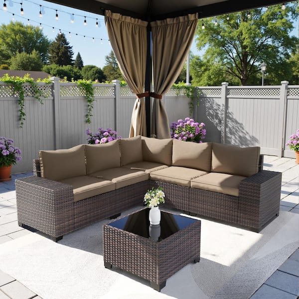 6-Piece Brown Wicker Outdoor Sectional Set with Wide Armrest, Black Tempered Glass and Khaki Cushions