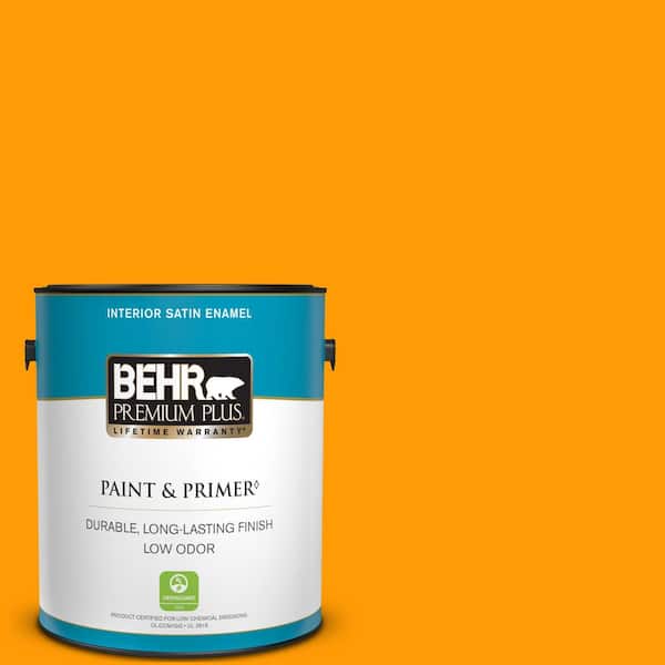 BEHR PREMIUM PLUS 1 gal. #S-G-320 Atomic Tangerine Satin Enamel Low Odor Interior Paint & Primer