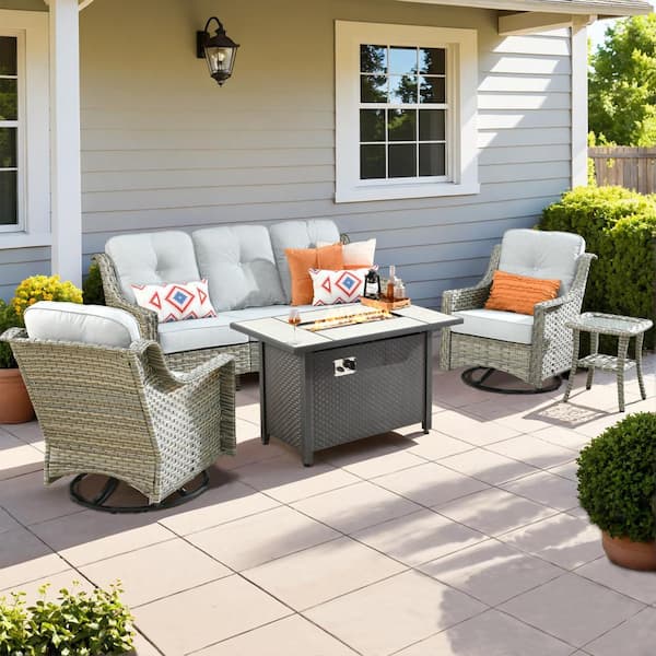 HOOOWOOO Verona 5-Piece Wicker Outdoor Patio Conversation Sofa Furniture Set with a Metal Fire Pit and Light Grey Cushions