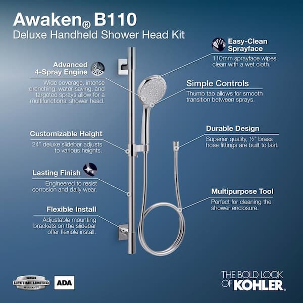 KOHLER Awaken B110 36 in. Premium 4-Spray Wall Mount Handheld Shower Head with 2.5 GPM in Polished Chrome