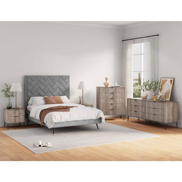 Manhattan Comfort DUMBO Rustic Grey 2-Drawer Nightstand, 5-Drawer Chest and  6-Drawer 69.68 in. Dresser with SNAP Tool-Free Assembly 3-DB07-GY