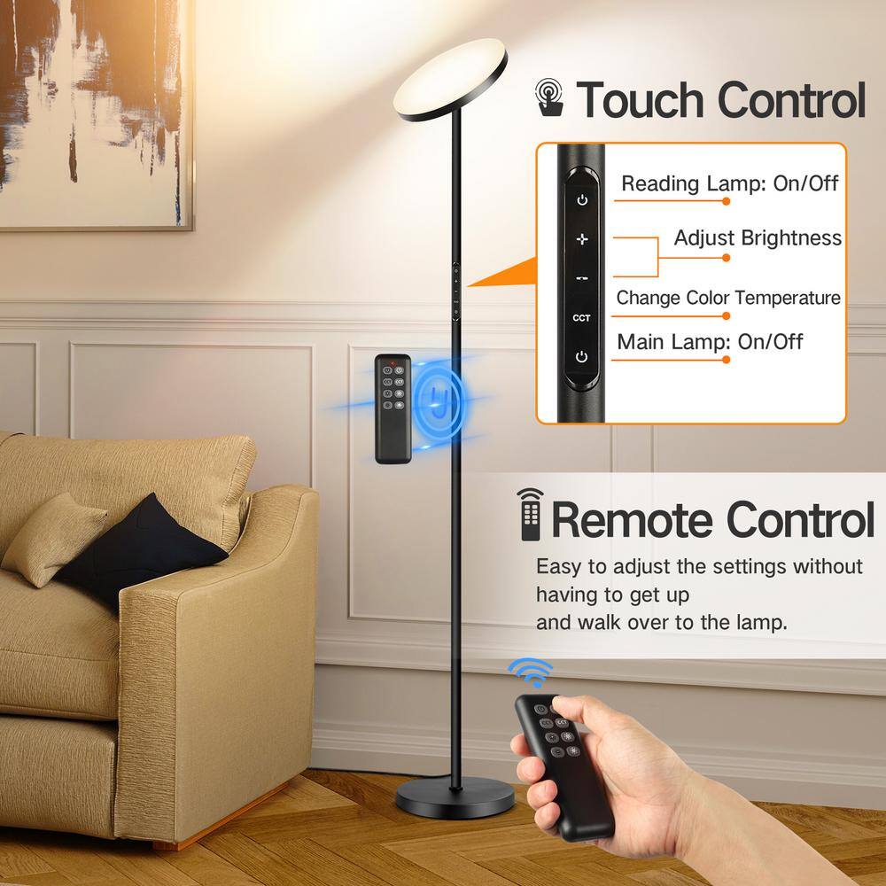 Black Adjustable LED Torchiere Floor Lamp with Remote Control