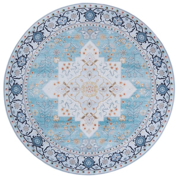 SAFAVIEH Tucson Aqua/Light Blue 6 ft. x 6 ft. Machine Washable Ornate Border Round Area Rug
