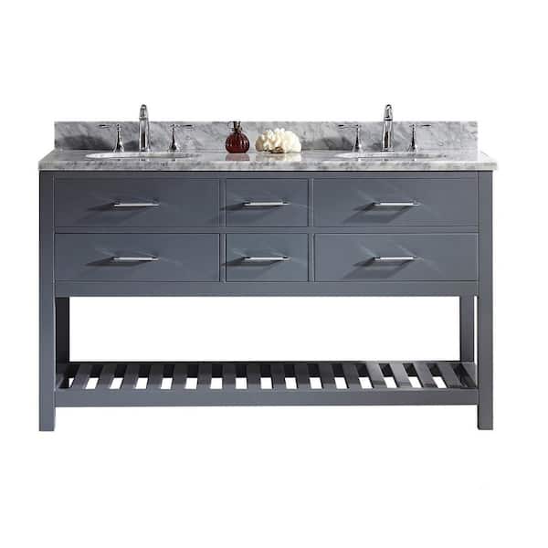 Virtu USA Caroline Estate 60 in. W Bath Vanity in Gray with Marble Vanity Top in White with Round Basin
