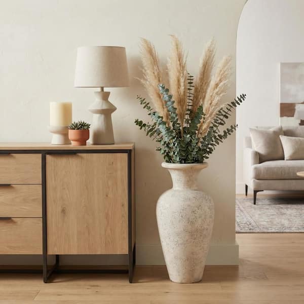 24.25 in. Beige/White Ceramic Rustic Matte Finish Urn Decorative Vase