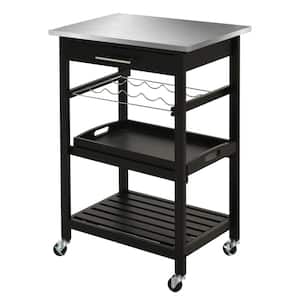 Black Pine Wood 3-Level Rolling Kitchen Island Cart with Open Storage Shelves