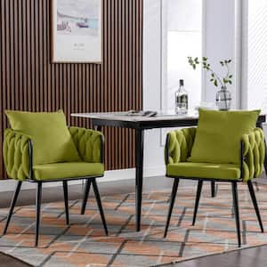 Set of 2 Hand Weaving Velvet Upholstered Accent Dining Chair Side Chair with Black Metal Legs, Green