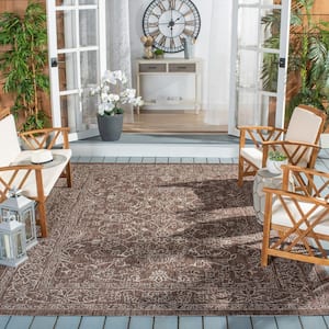 Courtyard Brown/Ivory 8 ft. x 8 ft. Border Floral Scroll Indoor/Outdoor Patio  Square Area Rug