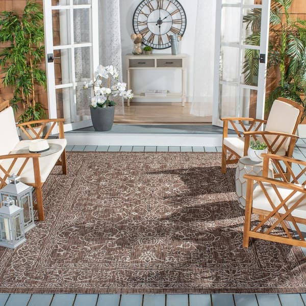 Courtyard Brown/Ivory 8 ft. x 8 ft. Border Floral Scroll Indoor/Outdoor Patio  Square Area Rug