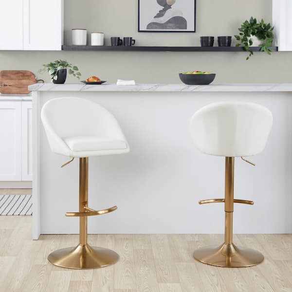 Lumisource Matisse Highback 32.5 in. Cream Fabric and Gold Metal Adjustable Bar Stool with Rounded T Footrest (Set of 2)
